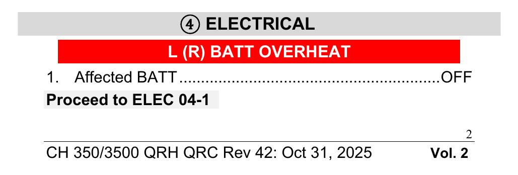 Quick reference card, section 4 ELECTRICAL: a red bar reading L (R) BATT OVERHEAT, item 1 Affected BATT OFF, then Proceed to ELEC 04-1. Page 2.