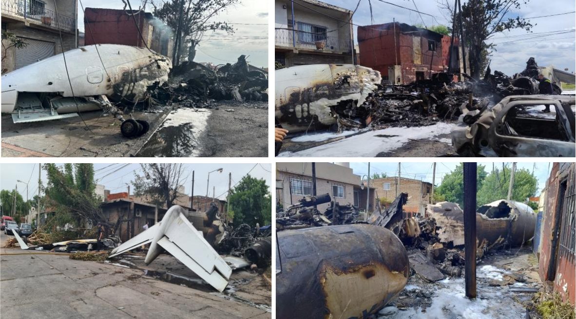 Four photographs of the burned wreckage in a residential street: the forward fuselage beside a house, burned debris next to a burned-out car, a wing lying against fallen trees, and the burned rear fuselage and engines.