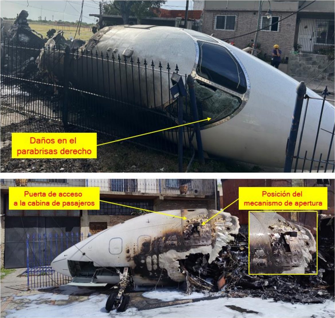 Two photographs of the forward fuselage. In the first it rests against a street railing, with a yellow label in Spanish marking the damaged right windshield. In the second, yellow labels in Spanish mark the door into the passenger cabin and the position of its opening mechanism.