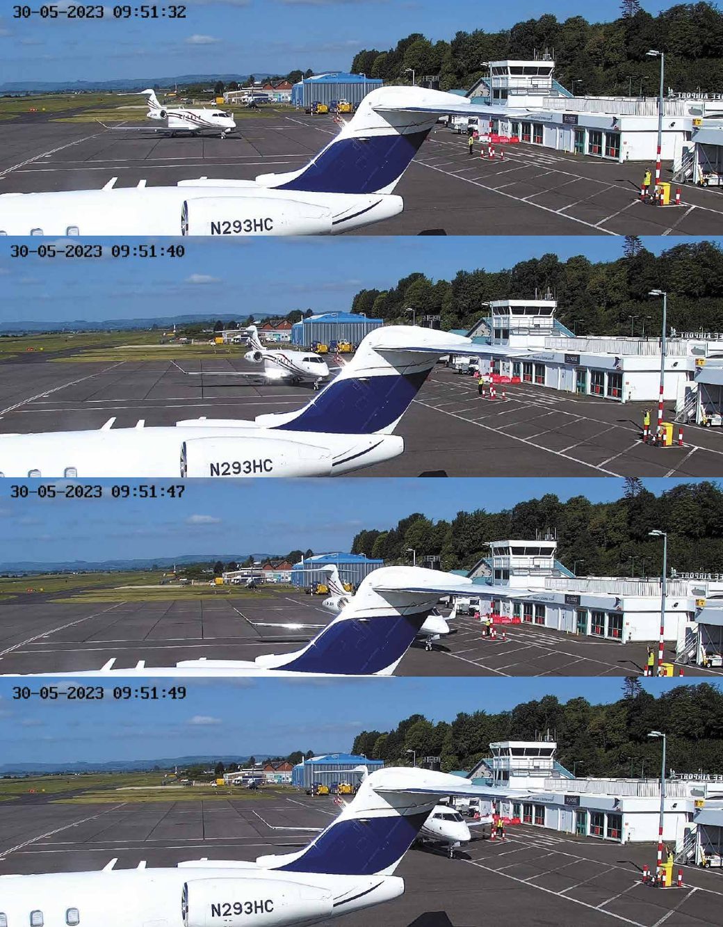 Four airport CCTV frames time stamped 09:51:32, 09:51:40, 09:51:47 and 09:51:49 showing a business jet taxiing toward the terminal, with the tail of another parked jet in the foreground.